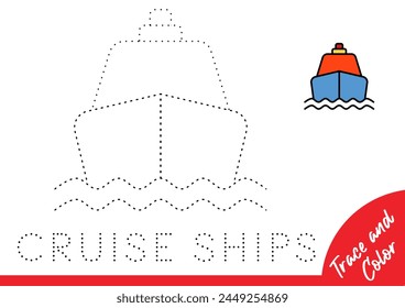 libro de seguimiento para niños. Colorear y trazar dibujos animados de los cruceros. Actividad para preescolares y escolares.  Diseño de Vector. Hoja de cálculo de Educación Tamaño A4 imprimible