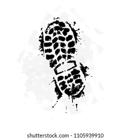 A trace from a boot on a white background. A black imprint of a sports boot. Stylized footprint