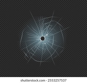 Trace of bullet shattered glass, broken window or car windshield, gunshot effect. Vector realistic damage cracks texture, solid screen surface with hole and fractures, accident design element