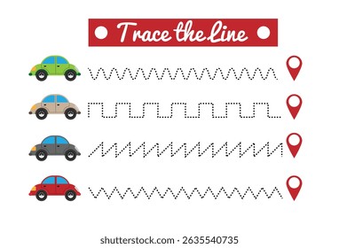 Rastrear a prática de habilidades de escrita da linha da rota do carro. Materiais educacionais para uma arte vetorial infantil pré-escolar