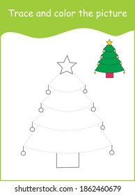 Rastrear el árbol y el color de la navidad , hoja de cálculo , actividad de jardín de infancia, página de colorear árboles de navidad, unirse al punto