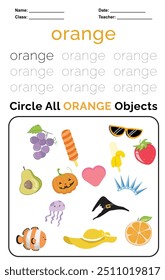 Trace and Circle Worksheet for children. Trace all words in dots and circle objects in the box below. Color worksheet. Education about color. Handwriting practice for kids.