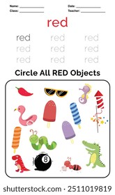 Trace and Circle Worksheet for children. Trace all words in dots and circle objects in the box below. Color worksheet. Education about color. Handwriting practice for kids.
