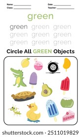 Trace and Circle Worksheet for children. Trace all words in dots and circle objects in the box below. Color worksheet. Education about color. Handwriting practice for kids.