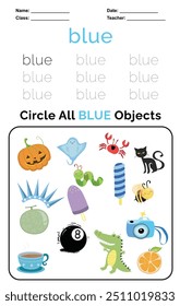 Trace and Circle Worksheet for children. Trace all words in dots and circle objects in the box below. Color worksheet. Education about color. Handwriting practice for kids.