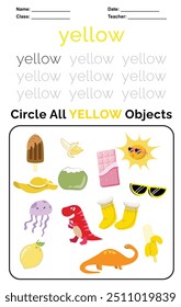 Trace and Circle Worksheet for children. Trace all words in dots and circle objects in the box below. Color worksheet. Education about color. Handwriting practice for kids.