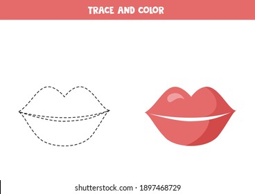 Trace and color activity page for kids. Cute valentine lips. Writing practice for preschoolers.