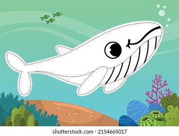 Trace and color activity page for kids with cartoon whale character. Vector illustration.