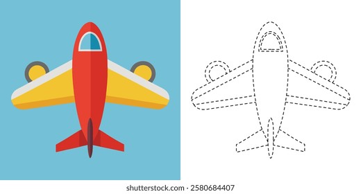 Trace and Color Air Plane. Hand Drawn Practice For Kids. Airplane Line Vector Design
