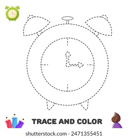 Trace and color alarm clock. Educational worksheet for kids with school supply