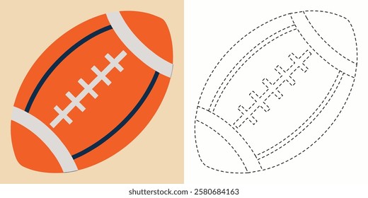 Trace and Color American Football Ball. Hand Drawn Practice For Kids. Football Ball Line Vector Design
