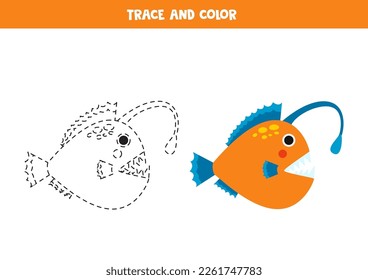 Trace and color angler fish. Worksheet for kids.