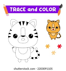 trace and color the animal. A training sheet for preschool children.Educational tasks for kids.Tiger Coloring Book