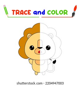 Trace And Color The Animal. A Training Sheet For Preschool Children.Educational Tasks For Kids.Lion Coloring Book.