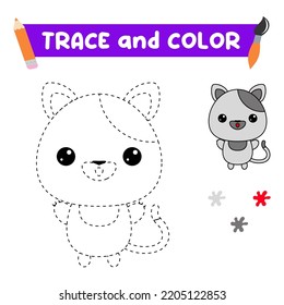 Trace And Color The Animal. A Training Sheet For Preschool Children.Educational Tasks For Kids.Cat Coloring Book.