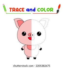 trace and color the animal. A training sheet for preschool children.Educational tasks for kids.Pig Coloring Book.