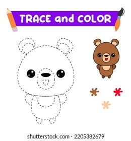 Trace And Color The Animal. A Training Sheet For Preschool Children.Educational Tasks For Kids.Bear Coloring Book.