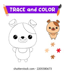 Trace And Color The Animal. A Training Sheet For Preschool Children.Educational Tasks For Kids.Dog Coloring Book.