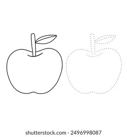 Trace and color apple. Coloring page apple to be colored the coloring book for kids. Educational worksheet. Apple tracing worksheet. Kindergarten and preschool activity. Red apple coloring pages. 