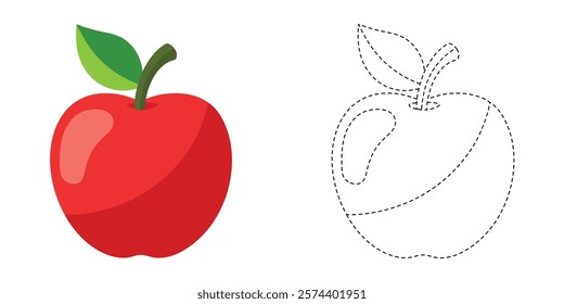 Trace and Color Apple. Fruits Drawing Exercises For Kids. Worksheet For Preschool. Flat Red Apple Fruit Vector Design
