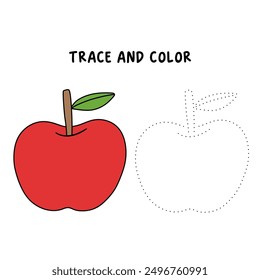 Trace and color apple. Red apple coloring pages. Coloring page apple to be colored the coloring book for kids. Educational worksheet. Apple tracing worksheet. Kindergarten and preschool activity. 
