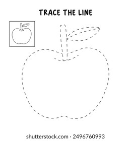 Trace and color apple. Red apple coloring pages. Coloring page apple to be colored the coloring book for kids. Educational worksheet. Apple tracing worksheet. Kindergarten and preschool activity. 