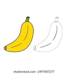 Trace and color banana. Coloring page banana to be colored the coloring book for kids. Educational worksheet. Banana tracing worksheet. Kindergarten and preschool activity. Banana coloring pages. 