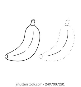 Trace and color banana. Coloring page banana to be colored the coloring book for kids. Educational worksheet. Banana tracing worksheet. Kindergarten and preschool activity. Banana coloring pages. 