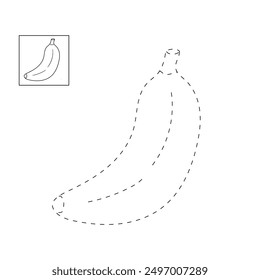 Trace and color banana. Coloring page banana to be colored the coloring book for kids. Educational worksheet. Banana tracing worksheet. Kindergarten and preschool activity. Banana coloring pages. 
