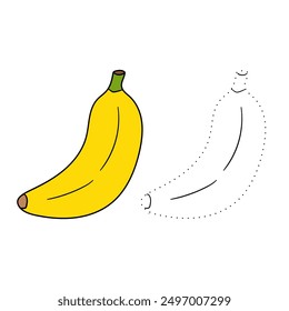 Trace and color banana. Coloring page banana to be colored the coloring book for kids. Educational worksheet. Banana tracing worksheet. Kindergarten and preschool activity. Banana coloring pages. 