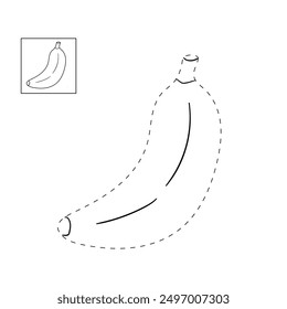 Trace and color banana. Coloring page banana to be colored the coloring book for kids. Educational worksheet. Banana tracing worksheet. Kindergarten and preschool activity. Banana coloring pages. 