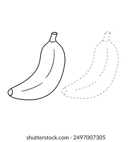 Trace and color banana. Coloring page banana to be colored the coloring book for kids. Educational worksheet. Banana tracing worksheet. Kindergarten and preschool activity. Banana coloring pages. 