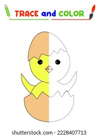 Trace and color the bird. A training sheet for preschool children.Educational tasks for kids.Chicken Coloring Book.