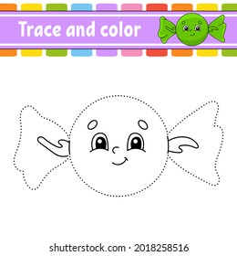 Rastreo y color. Tema de cumpleaños. Página de colorear para niños. Práctica de escritura a mano. Educación desarrollando hoja de trabajo. Actividad. Juego para niños pequeños. Ilustración vectorial aislada. Estilo de caricatura.