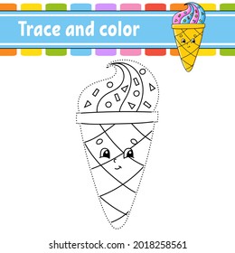 Trace and color. Birthday theme. Coloring page for kids. Handwriting practice. Education developing worksheet. Activity page. Game for toddlers. Isolated vector illustration. Cartoon style.