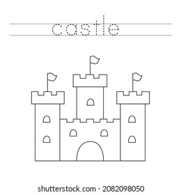 Trace and color black and white castle. Educational game for kids. Writing and coloring practice.