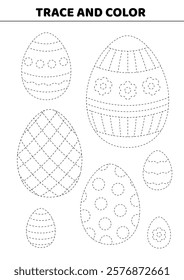 Trace and color. Black and white Easter eggs. Handwriting practice. Activity for kids. Education for toddler. Preschool or kindergarten handwriting practice. Isolated vector illustration eps 10