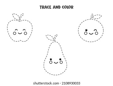 Trace and color black and white fruits. Educational game for kids. 