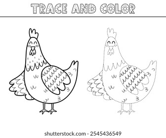 Trace e cor preto e branco jogo para crianças com uma galinha bonito. Página de atividade em outline com um personagem de farm engraçado. Ótimo para livro de colorir. Ilustração vetorial