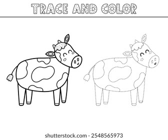 Trace and color black and white game for kids with a cute cow. Activity page in outline with a funny farm animal. Great for coloring book. Vector illustration