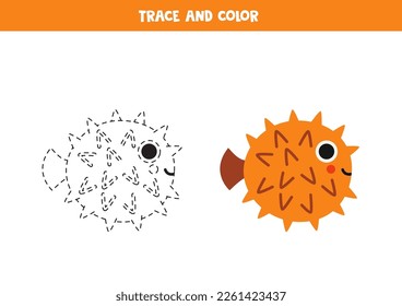 Trace and color blowfish. Worksheet for kids.