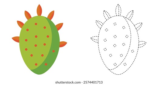 Trace and Color Cactus Fruit. Fruits Drawing Practice For Kids. Worksheet For Preschool. Flat Cactus Fruit Vector Design
