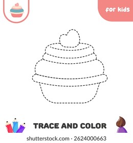 Trace and color cake.  Educational worksheet. Handwriting practice for kids
