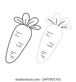 Trace and color carrot. Carrot coloring pages. Coloring page carrot to be colored the coloring book for kids. Educational worksheet. Carrot tracing worksheet. Kindergarten and preschool activity. 