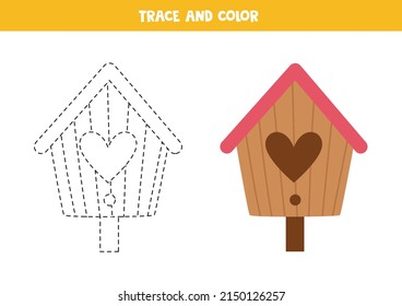 Trace and color cartoon birdhouse. Worksheet for children.