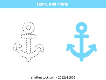 Trace and color cartoon blue anchor. Educational game for kids. Writing and coloring practice.