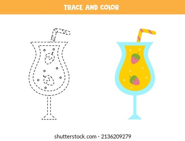 Trace and color cartoon cocktail. Worksheet for children.