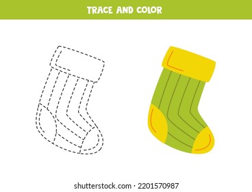 Trace and color cartoon colorful sock. Educational writing skills worksheet.