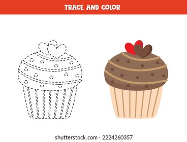 Trace and color cartoon cupcake. Worksheet for kids.