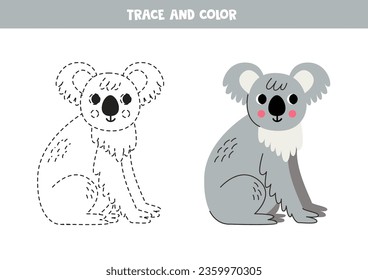 Trace and color cartoon cute koala. Educational writing skills worksheet.